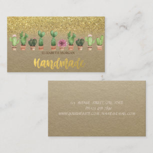 Tarjeta De Visita Rústico, Kraft, Acuarela Cactus Dorado Brillante