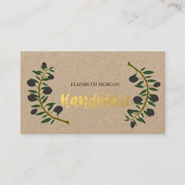 Tarjeta De Visita Rústico, Kraft, rama de olivo, hecho a mano (Anverso)