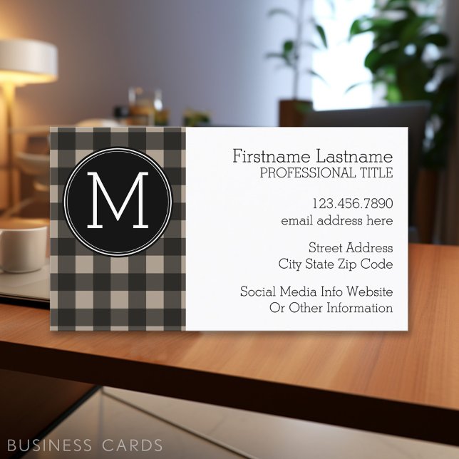 Tarjeta De Visita Rústico Linen Negro Búfalo Plaid gingham Monograma (Personalized Printed Business Cards)