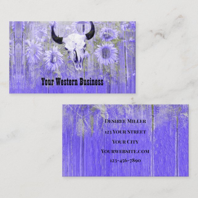 Tarjeta De Visita Rústico Morado Verde Oeste Bull Skull Sunflowers (Anverso / Reverso)
