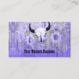 Tarjeta De Visita Rústico Morado Verde Oeste Bull Skull Sunflowers