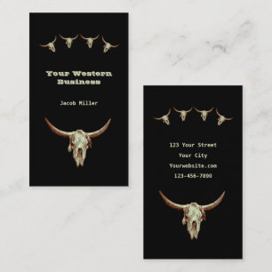 Tarjeta De Visita Rústico Occidental País Negro Cowboy Bull Skull