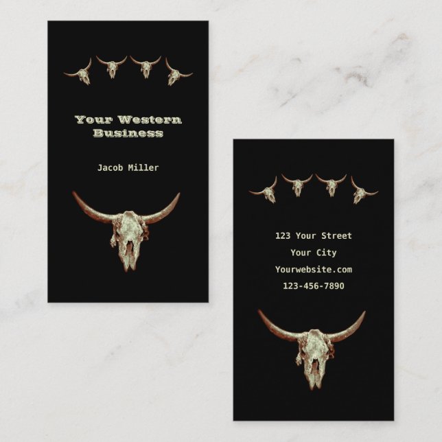 Tarjeta De Visita Rústico Occidental País Negro Cowboy Bull Skull (Anverso / Reverso)