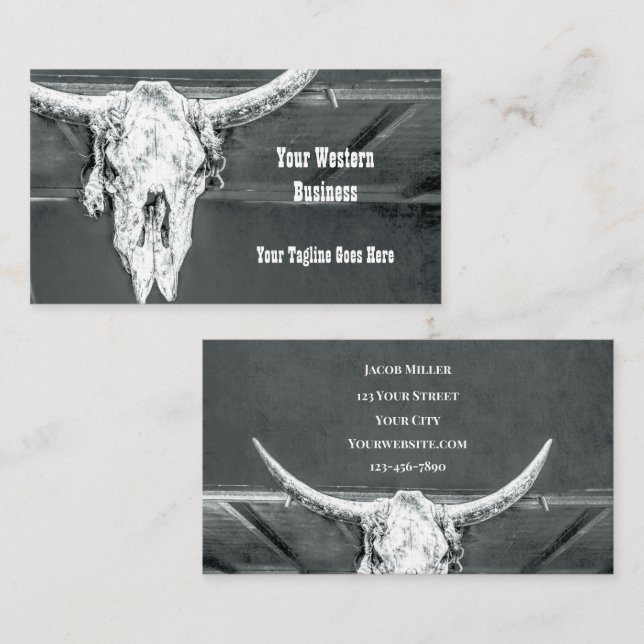 Tarjeta De Visita Rústico Oeste Carbón Gris Blanco Bull Cow Skull (Anverso / Reverso)