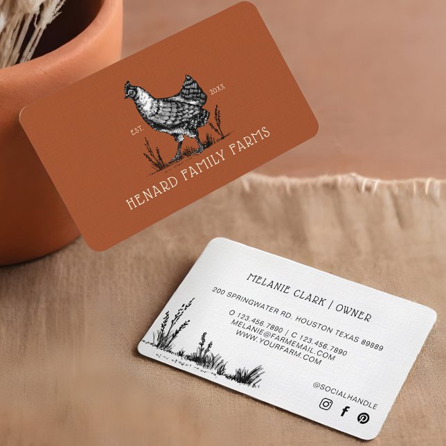 Tarjeta De Visita Rústico paracaídas de boceto de cosecha de cosecha (Rustic Vintage Sketch Farm Hen Burnt Red Business Card)