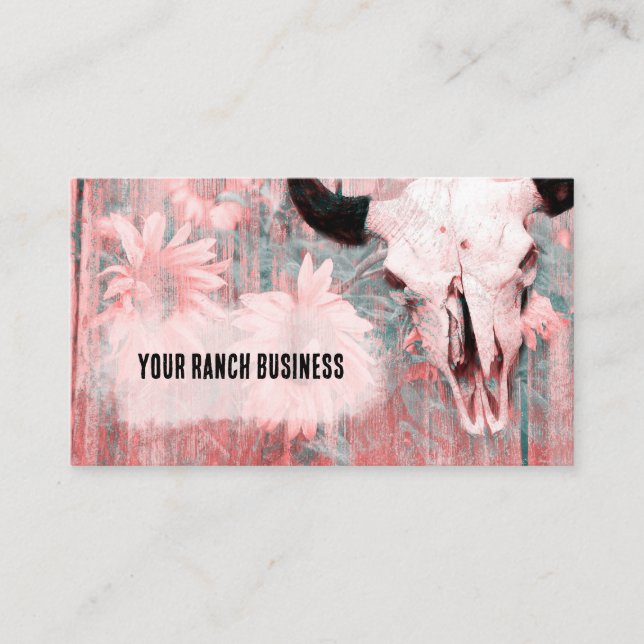 Tarjeta De Visita Rústico Pink Western Bull Skull Sunflowers Madera (Anverso)
