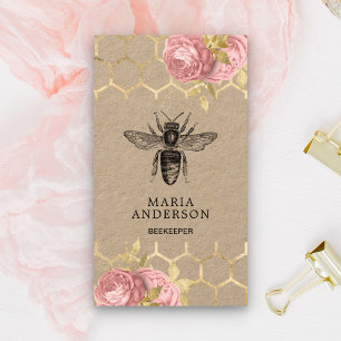 Tarjeta De Visita Rustico Rosa Flores Negro Abeja Miel Kraft