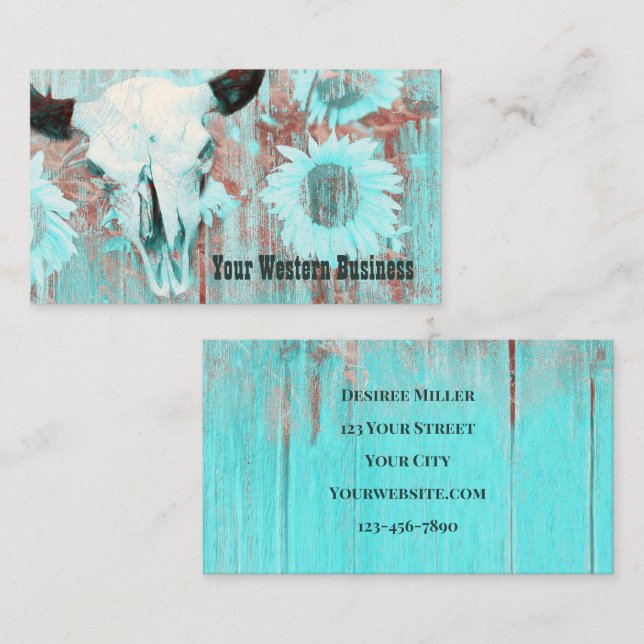 Tarjeta De Visita Rústico Verde azulado País Occidental Bull Skull S (Anverso / Reverso)