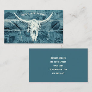 Tarjeta De Visita Rústico Western Blue Sunflowers Bull Skull