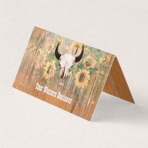 Tarjeta De Visita Rústico Western Bull Skull Sunflowers Madera Textu