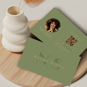 Tarjeta De Visita Sage/Gold Código QR Minimalista Foto profesional