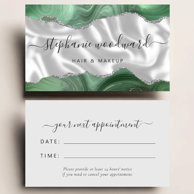 Tarjeta De Visita Sage Green Agate Silver Glam Stylist Appointment (Subido por el creador)