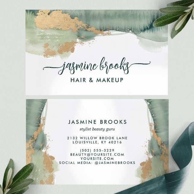 Tarjeta De Visita Sage Green and Gold Watercolor (Subido por el creador)