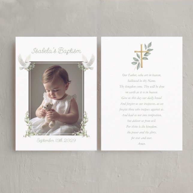 Tarjeta De Visita Sage Green Baptism Photo Lord's Prayer Card (Baptism Lord's prayer Card with Photo)