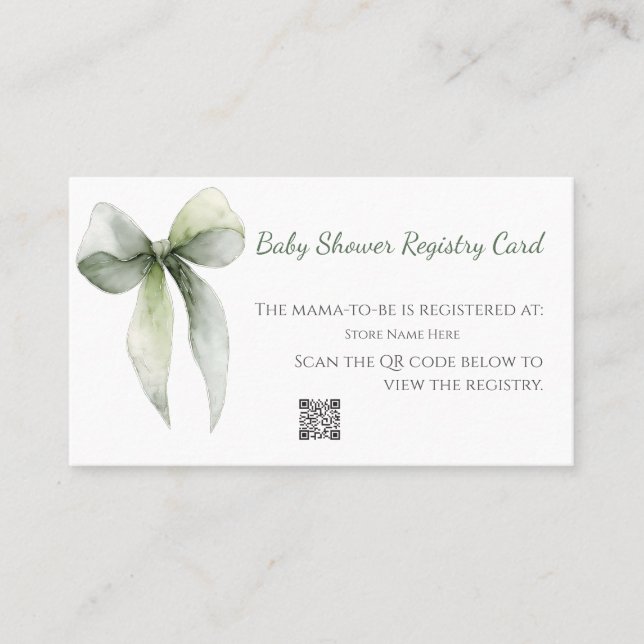Tarjeta De Visita Sage Green Bow Baby Shower Registry Card (Anverso)