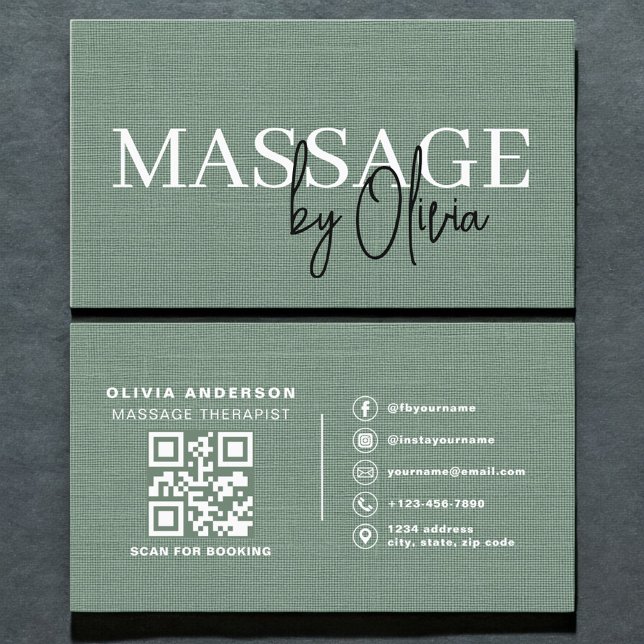 Tarjeta De Visita Sage Green Linen Massage Therapist QR Code  (Subido por el creador)