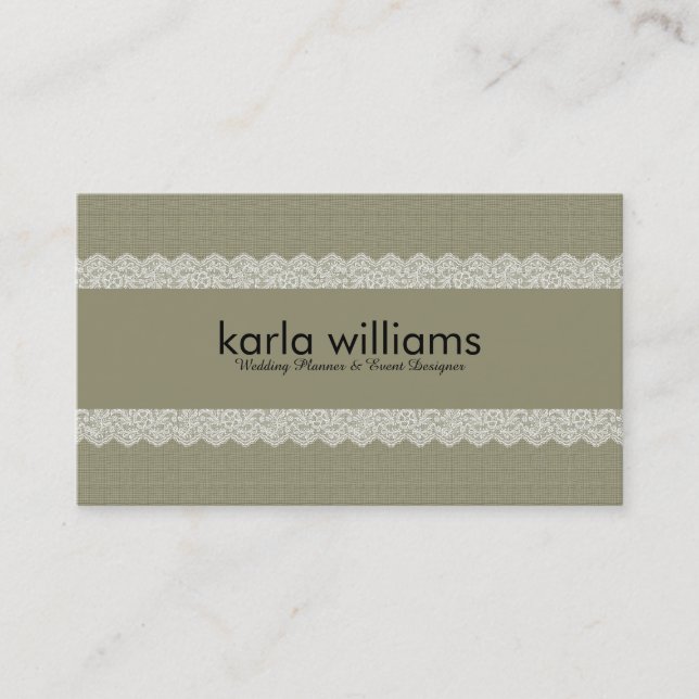 Tarjeta De Visita Sage Green Linen Textura y White Lace (Anverso)