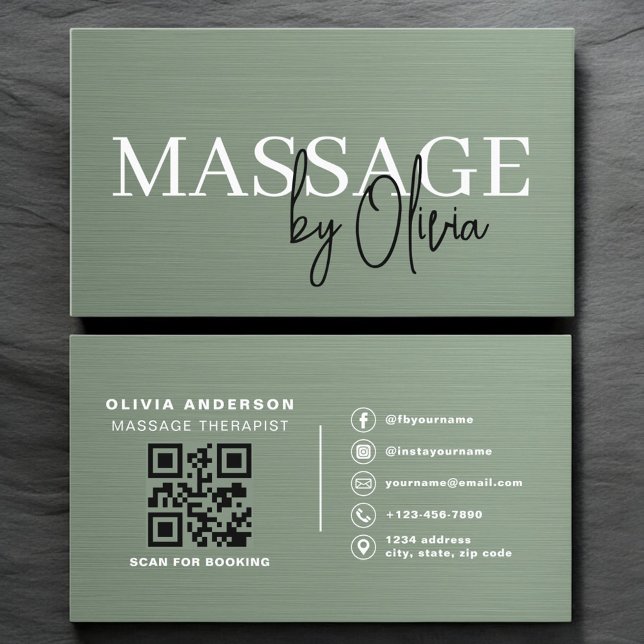 Tarjeta De Visita Sage Green Metallic Massage Therapist QR Code  (Subido por el creador)