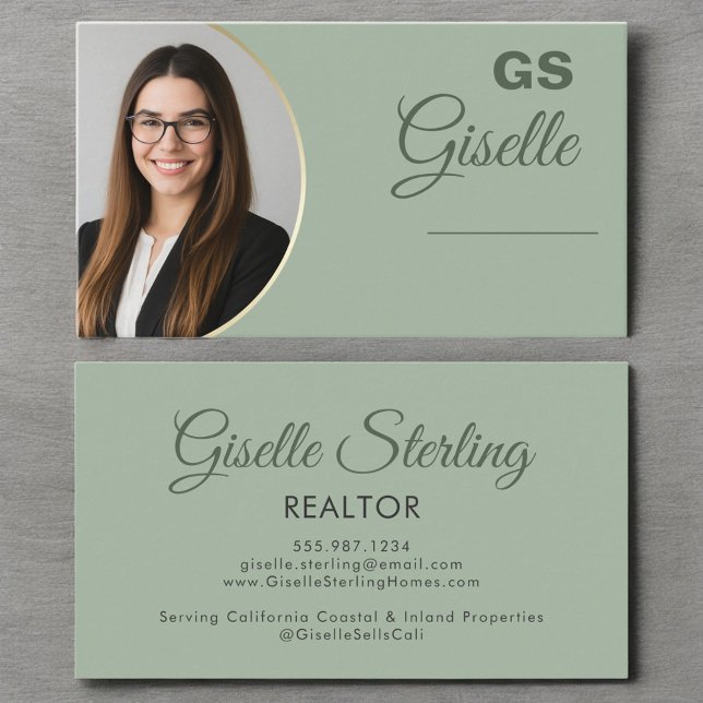 Tarjeta De Visita Sage Green Photo Monogram Realtor Luxury (Subido por el creador)