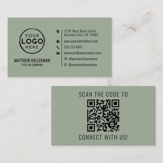 Tarjeta De Visita Sage Green Professional Minimalist QR Code Logo (Anverso / Reverso)
