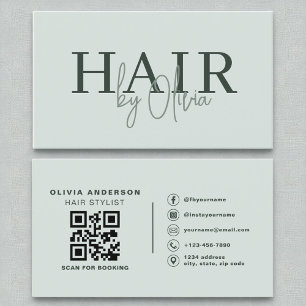 Tarjeta De Visita Sage Green QR Code Hair Stylist Moderno