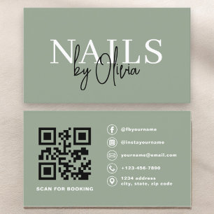 Tarjeta De Visita Sage Green QR Code Nail Specialist Artista