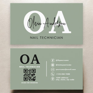 Tarjeta De Visita Sage Green QR Code Nail Specialist Artista