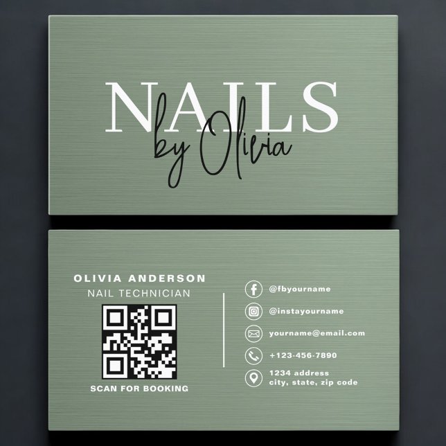 Tarjeta De Visita Sage Green QR Code Nail Specialist Metallic  (Subido por el creador)