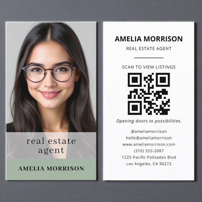 Tarjeta De Visita Sage Green Real Estate Agent QR Code Photo (Subido por el creador)
