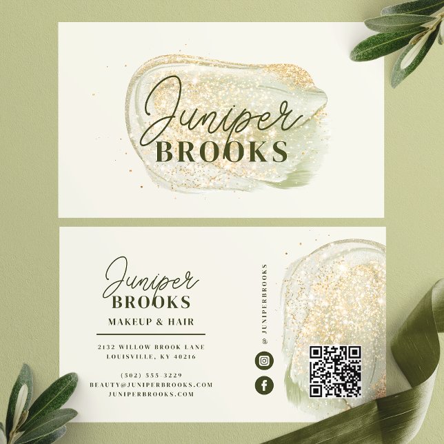 Tarjeta De Visita Sage Green Social Media QR Code Gold Purpurina (Subido por el creador)
