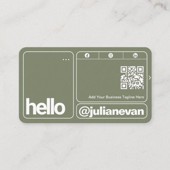 Tarjeta De Visita Sage Green Typography Scannable QR Code Hello (Anverso)