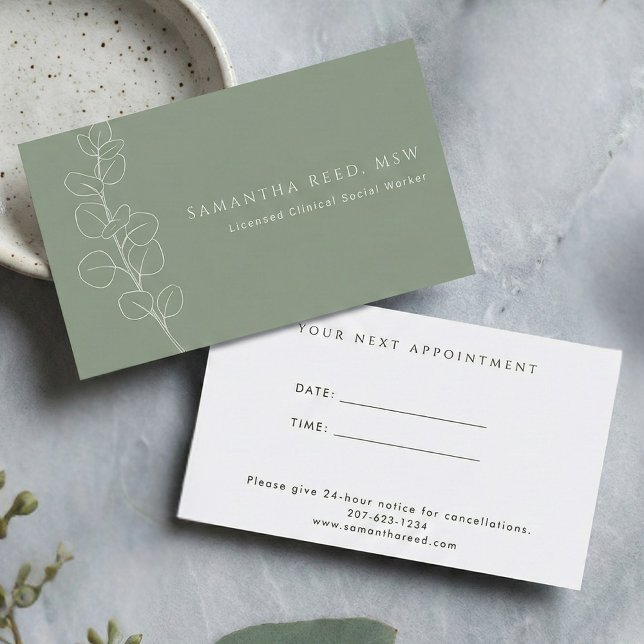 Tarjeta De Visita Sage Green White Eucalyptus Therapist Appointment  (Sage Green White Botanical Modern Elegant Appointment Reminder Card)