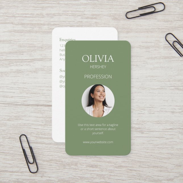 Tarjeta De Visita Sage Olive Green Photo Social QR Code (Anverso/Reverso In Situ)