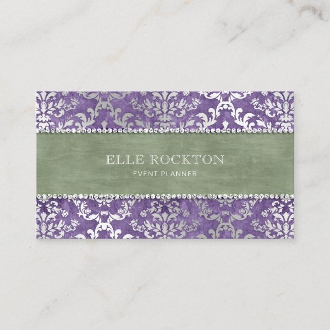 Tarjeta De Visita Sage Purple Glimmer Damask Silver (Anverso)