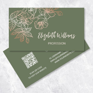 Tarjeta De Visita Sage Verde Línea Arte Floral Rose Gold Código QR