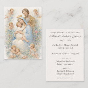 Tarjeta De Visita Sagrada Familia con Ángeles Recuerdo Floral del Ba