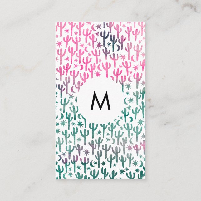 Tarjeta De Visita Saguaro Cactus Moon Stars Pattern Pink INITIALS (Anverso)