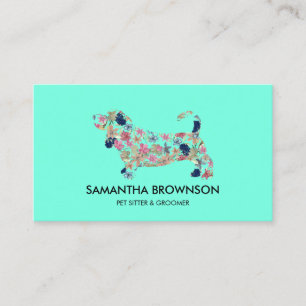 Tarjeta De Visita Salchicha Floral Teal Cuidado de Mascotas