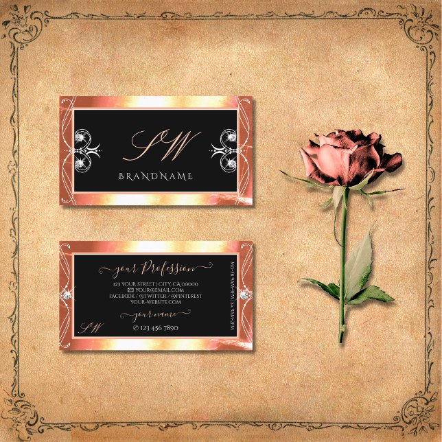 Tarjeta De Visita Salmon Black Sparkling Diamantes Monograma Ornate (Subido por el creador)