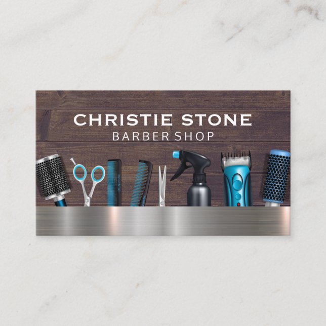 Tarjeta De Visita Salon Barber Tools | Madera metalizado (Anverso)