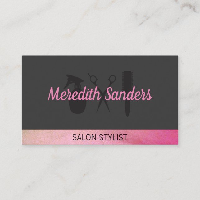Tarjeta De Visita Salon Barber Tools Moda Acento Rosa (Anverso)
