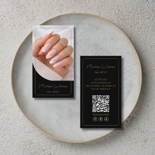 Tarjeta De Visita Salón de artista de uñas Manicurista QR Oro Negro