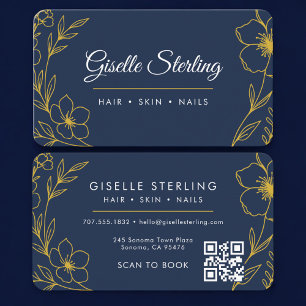 Tarjeta De Visita Salón de Belleza Azul Marino Dorado Código QR Prof