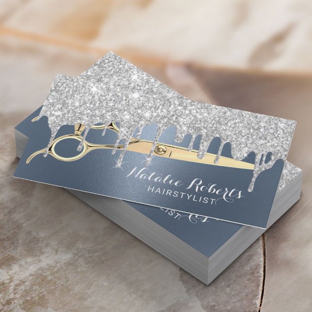 Tarjeta De Visita Salón de belleza azul y agitado con detalles plate (Subido por el creador)