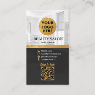 Tarjeta De Visita Salón de Belleza Black Gold Código QR de cita