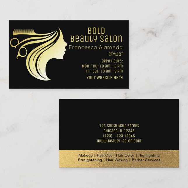 Tarjeta De Visita Salón De Belleza Cabello Estilo Oro Metálico + Neg (Anverso / Reverso)