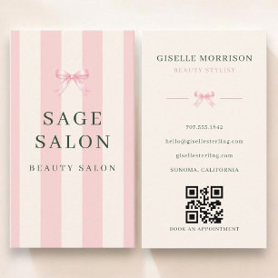 Tarjeta De Visita Salón de Belleza Código QR de Lazo Rayado Rosa Ver