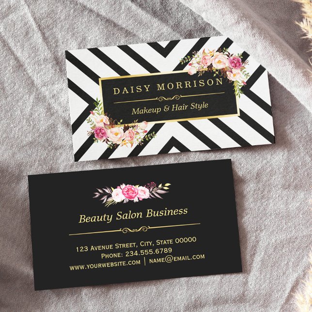 Tarjeta De Visita Salón De Belleza De Estilo Cabello Marco Dorado Fl (Subido por el creador)
