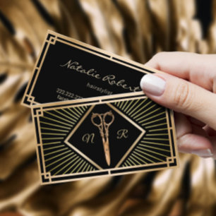 Tarjeta De Visita Salón de Belleza de Estilo Negro y Oro Art Deco