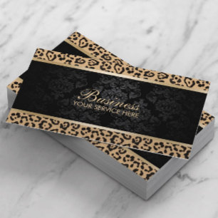 Tarjeta De Visita Salón De Belleza De Lujo Leopard Black Damask